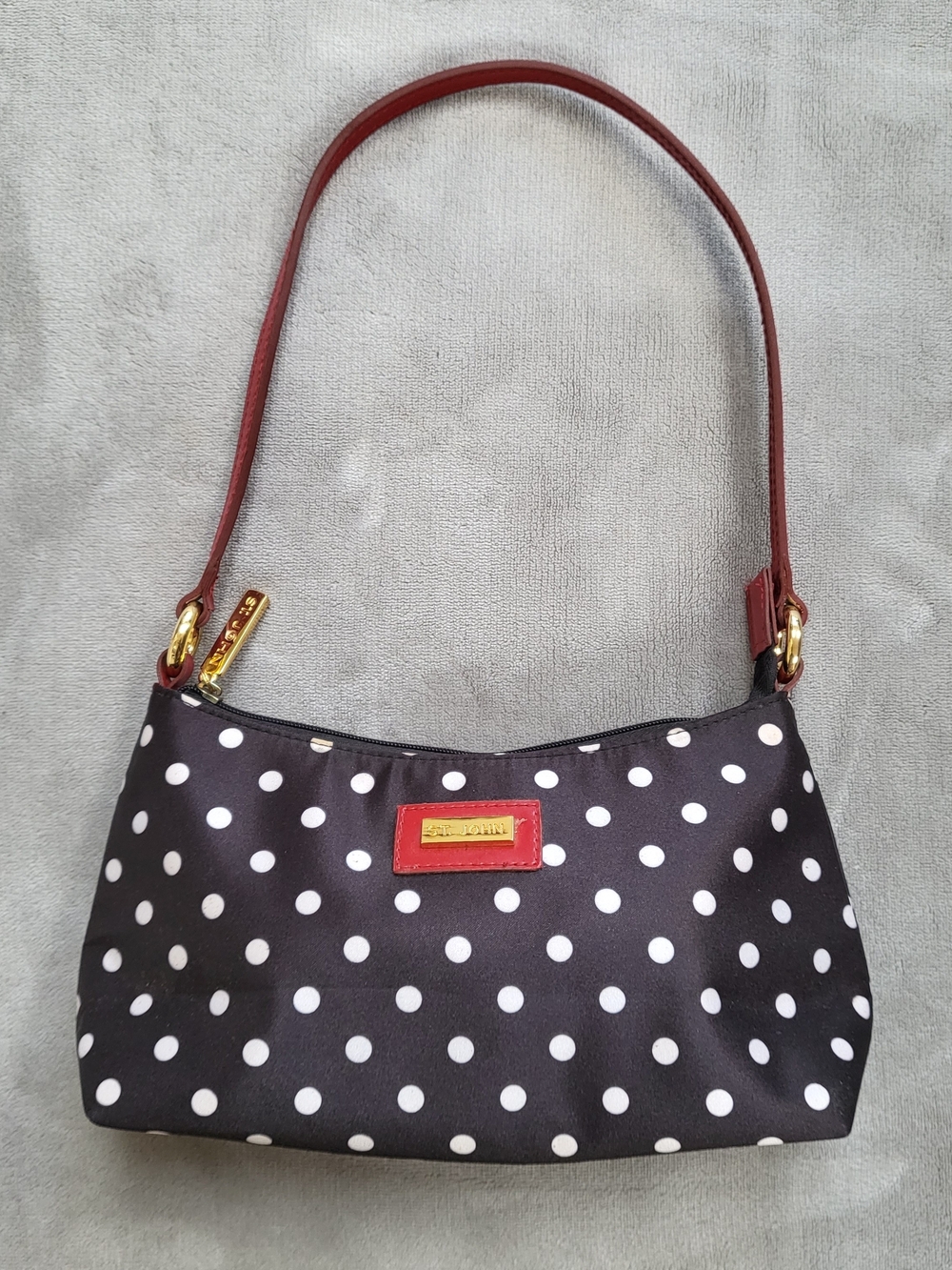 Polka Dot Shoulder Bag - Black & White with Red Strap And Gold Accents